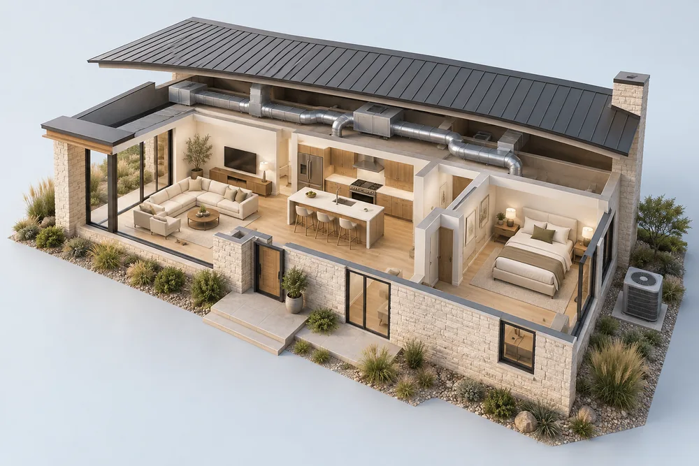 Conceptual cutaway showing a connected home comfort system